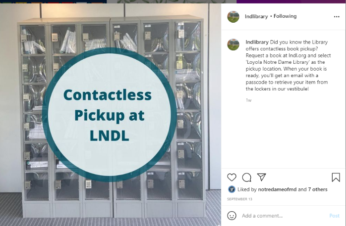 An Instagram post from the Library highlighting the remote pickup lockers.