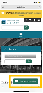 A screenshot of the Chat with a Librarian button on the Library's mobile site.