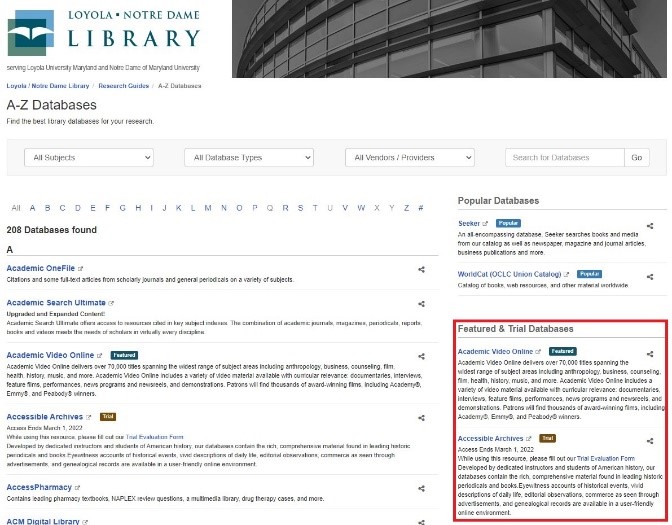 A screenshot of the database list on the library's website. The Featured and Trial Databases column on the right side of the page is outlined in red.