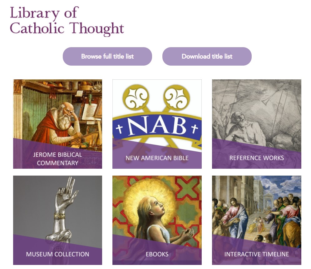 Screenshot from Library of Catholic Thought, showing various topics to explore on the site.