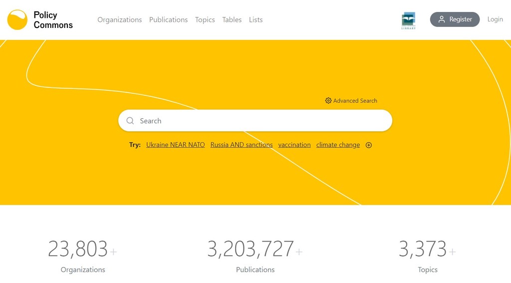 Screenshot of the home search page of Policy Commons.