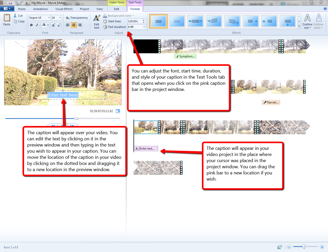 Visual guide to adding titles in Windows MovieMaker step 3.