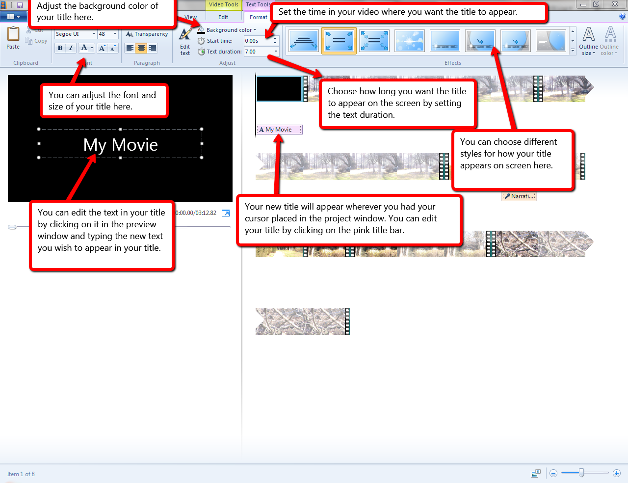 Visual guide to adding titles in Windows MovieMaker step 2.
