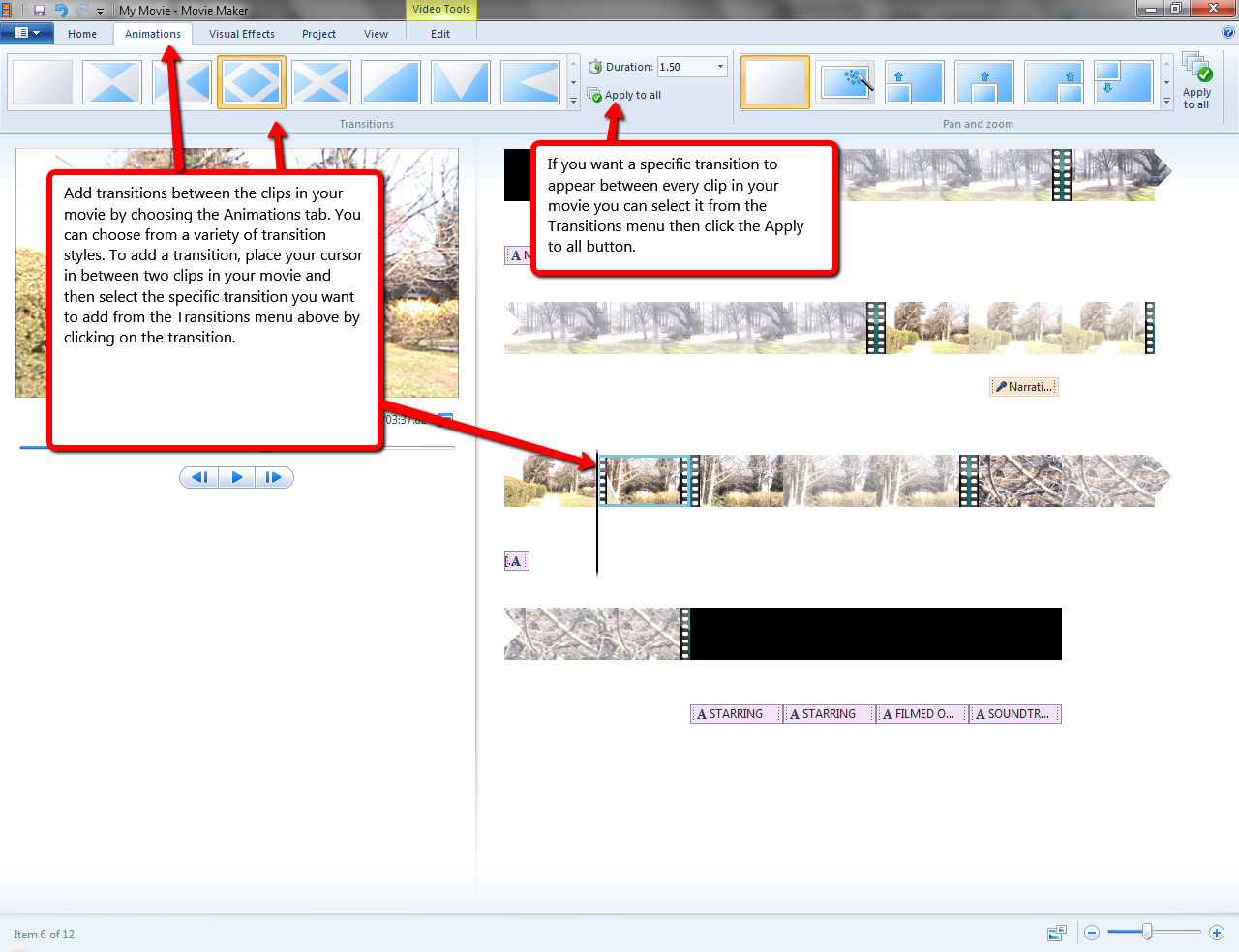 Visual guide to adding transitions in Windows MovieMaker.