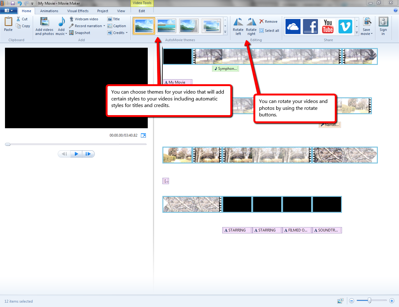 Visual guide to additional tools for editing in Windows Moviemaker. 