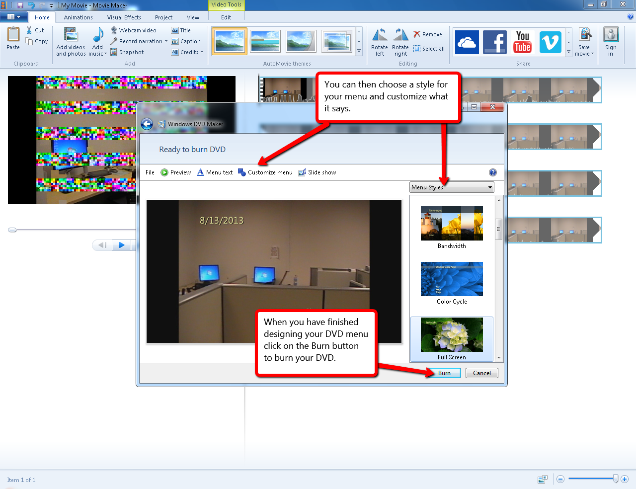 Visual guide to making a DVD of a Windows MovieMaker video step 5. 