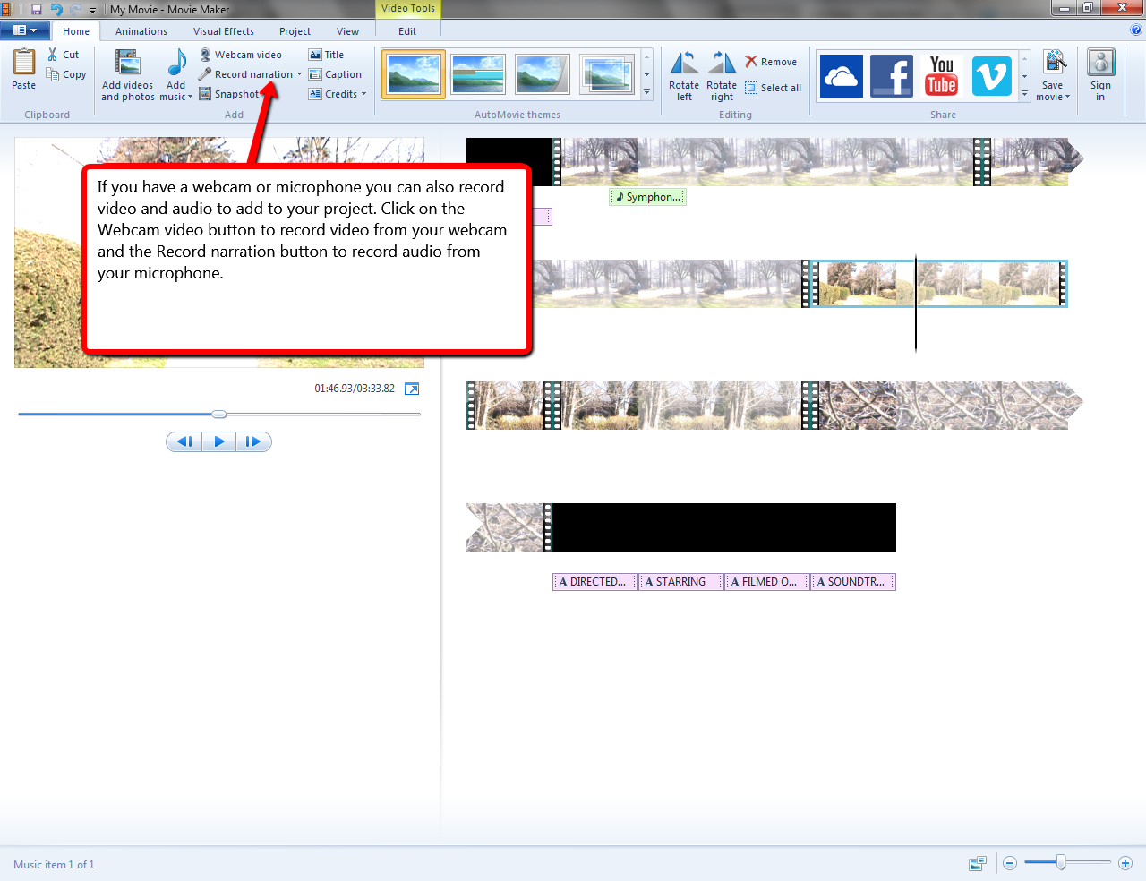 Visual guide to adding recorded narration or webcam videos to Windows Moviemaker step 1. 