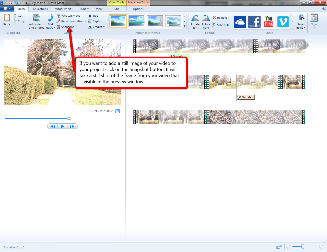 Visual guide to creating still images from video in Windows Moviemaker step 1. 