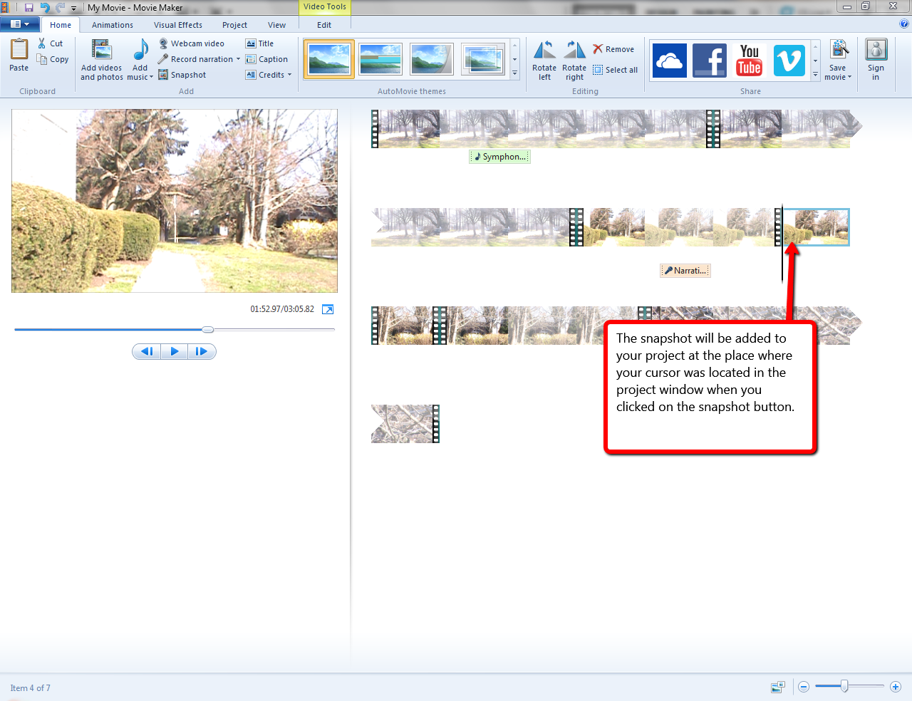 Visual guide to creating still images from video in Windows Moviemaker step 2. 