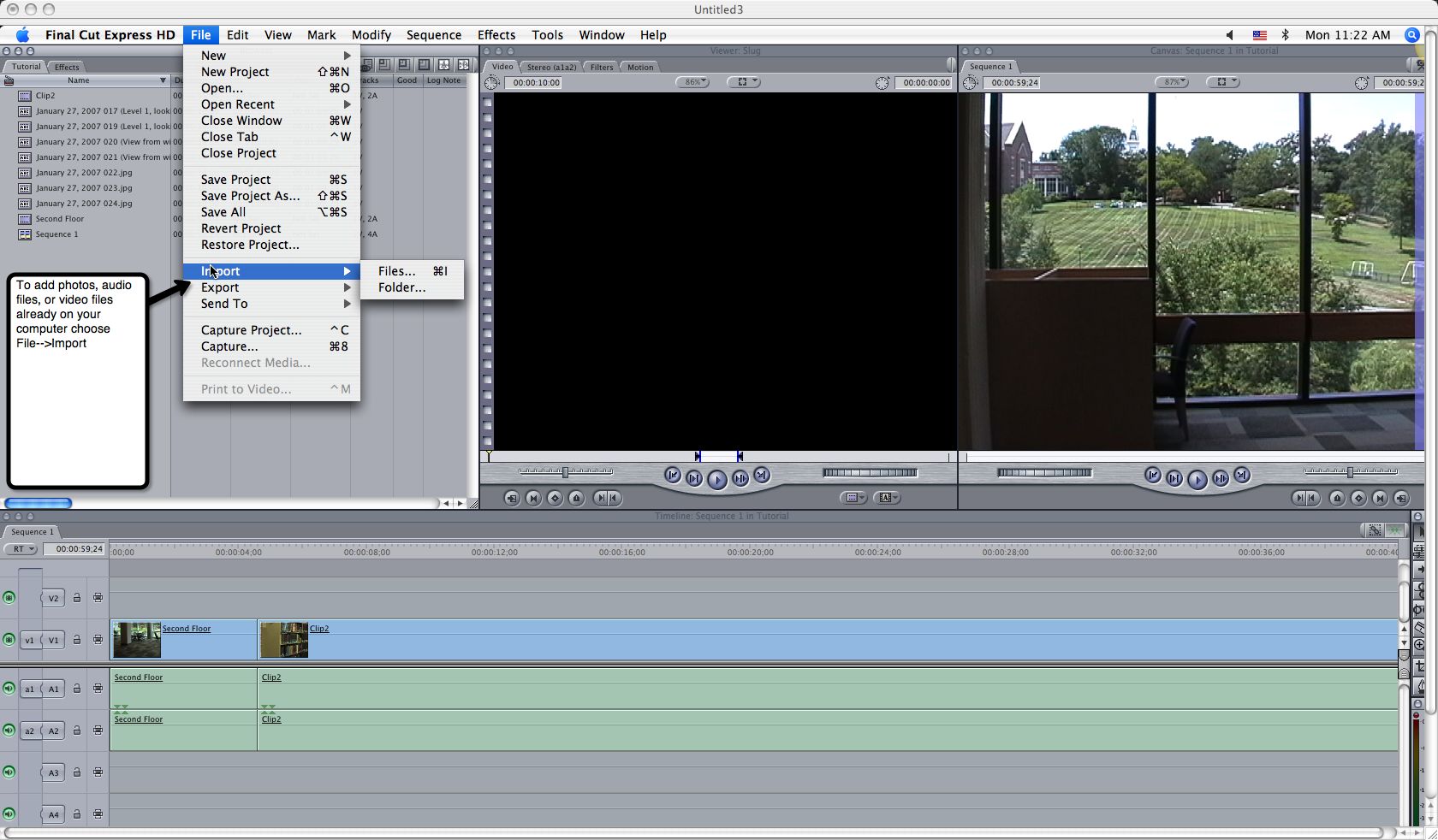 Visual guide to adding audio in Final Cut Express HD step 1.