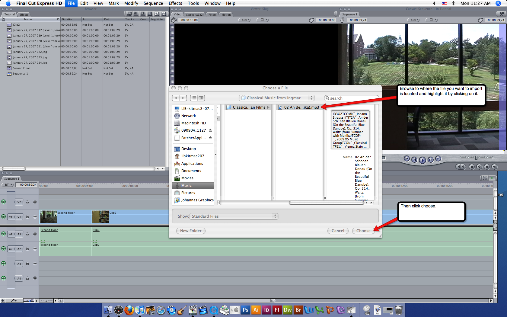 Visual guide to adding photos in Final Cut Express HD step 2.