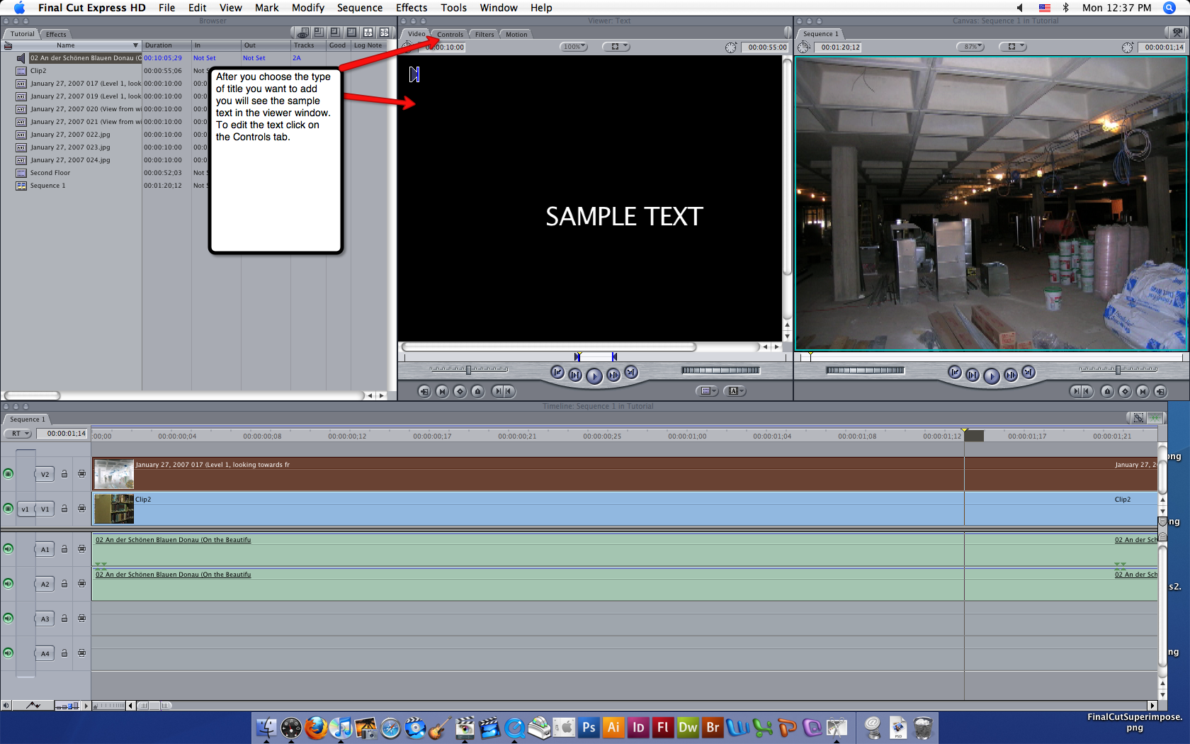 Visual guide to adding titles in Final Cut Express HD step 2.