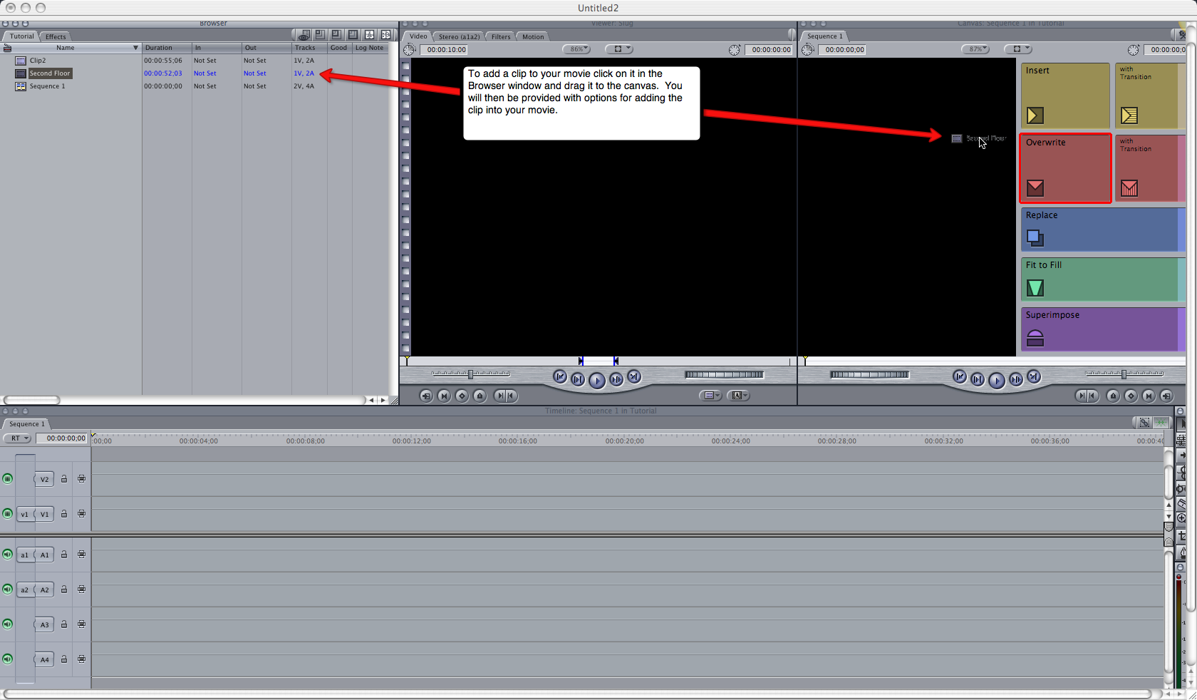 Video guide to adding video in Final Cut Express HD step 1.