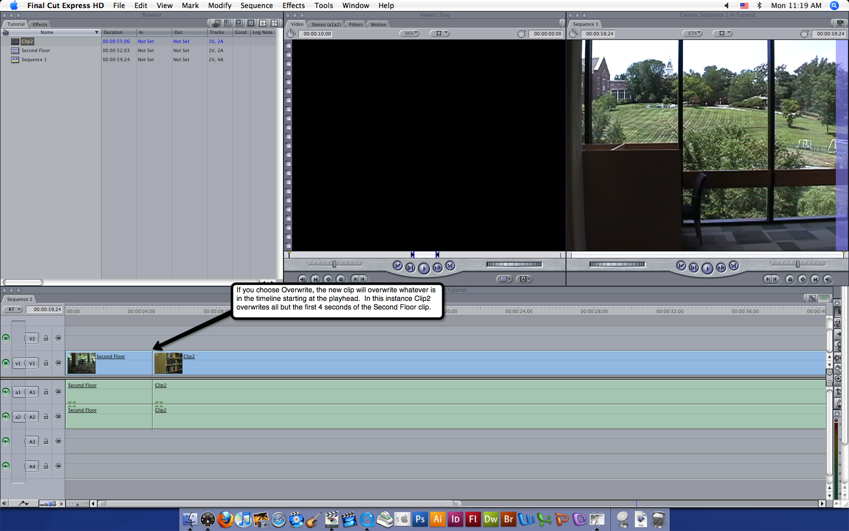 Visual guide to adding video to Final Cut Express HD via the overwrite video function.