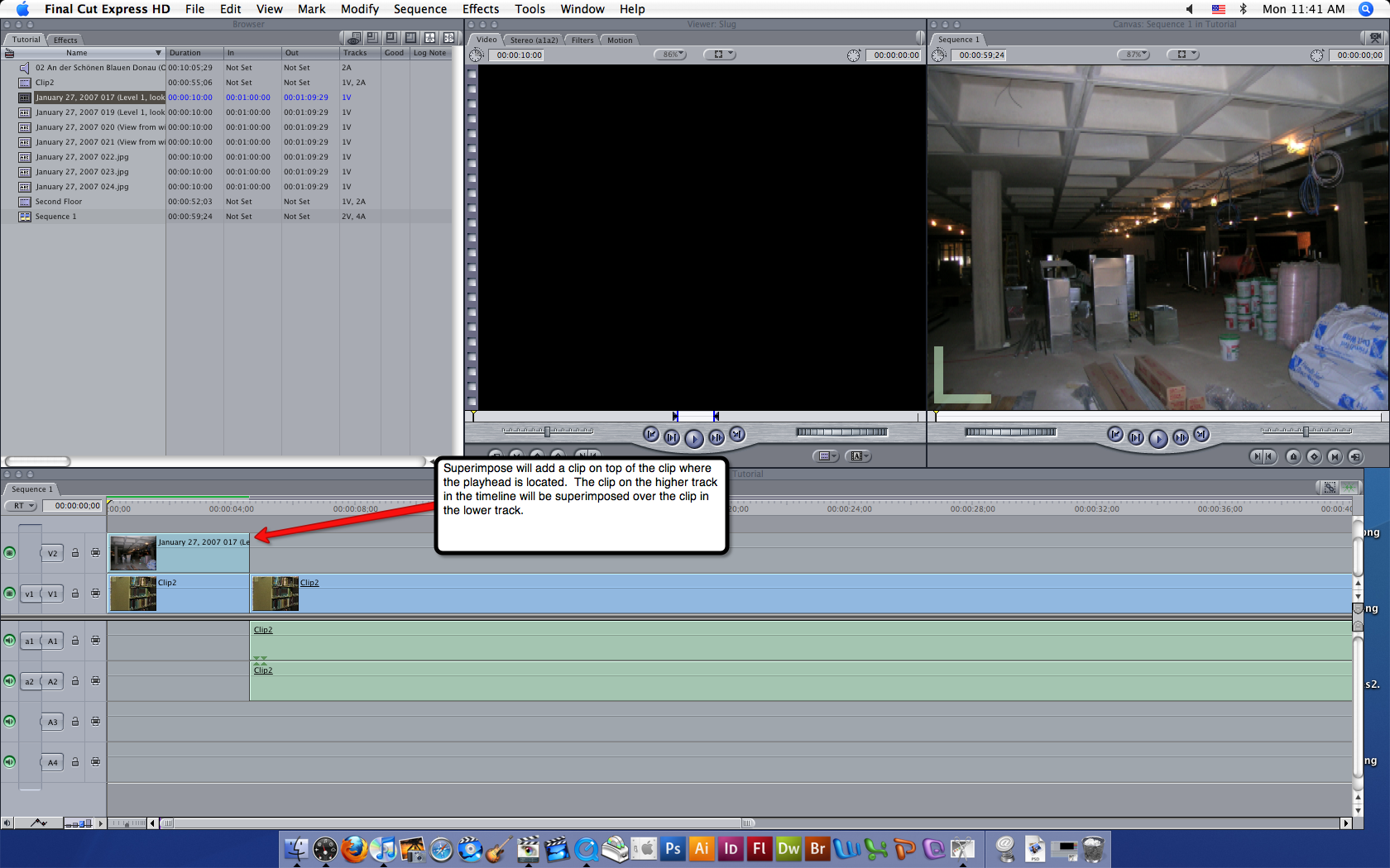 Visual guide to adding video to Final Cut Express HD via the sumperimpose video function.