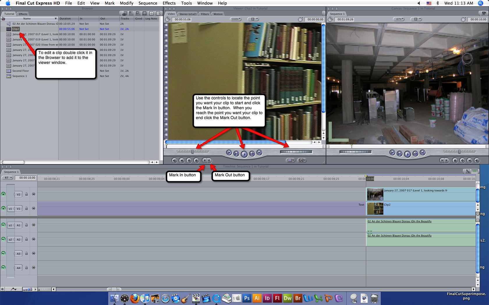 Visual guide to editing video in Final Cut Express HD step 1.