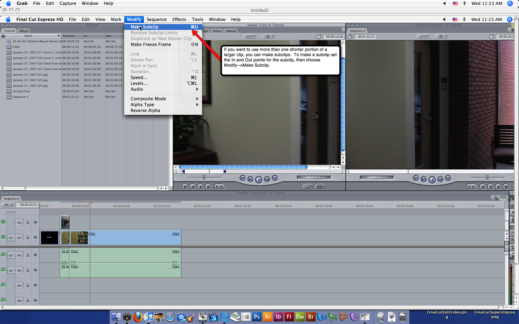 Visual guide to editing video in Final Cut Express HD step 2.