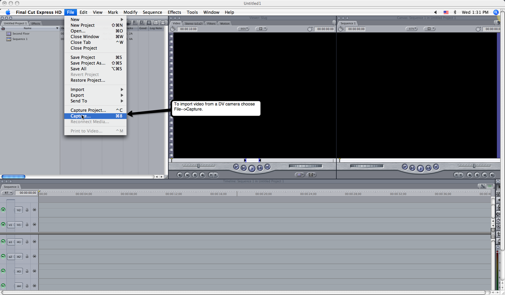 Visual guide to importing video into Final Cut Express HD step 1.