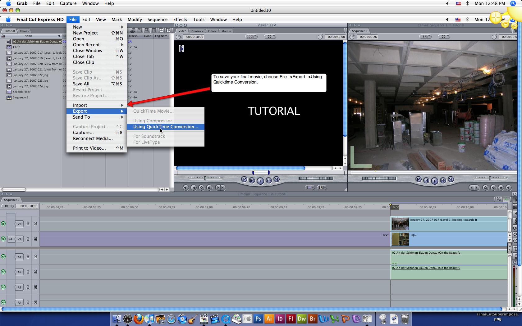 Visual guide to saving movies in Final Cut Express HD step 1.