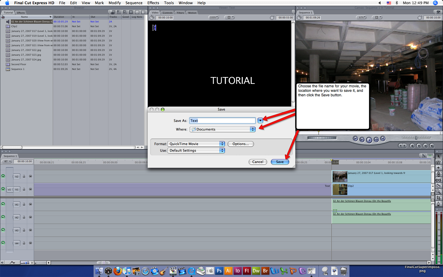 Visual guide to saving movies in Final Cut Express HD step 2.