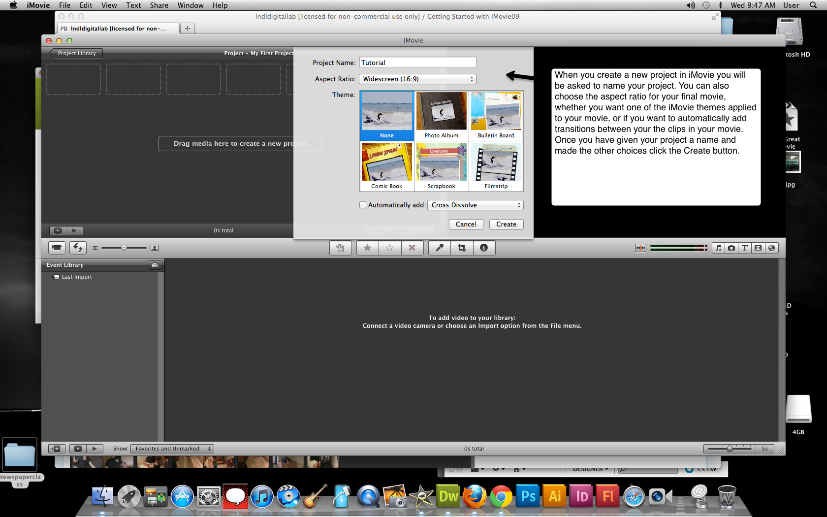 Visual guide on how to create a new project in iMovie '11