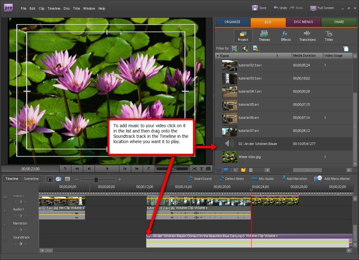 Visual guide on how to add audio to Adobe Premiere Elements 7