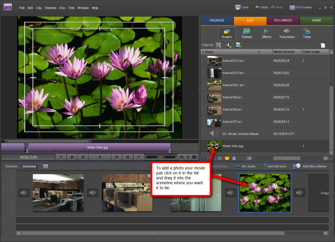 Visual guide to how to add a photo in Adobe Premiere Elements 7