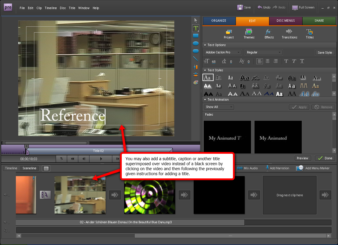 Visual guide to adding titles in Adobe Premiere Elements 7 step 4.