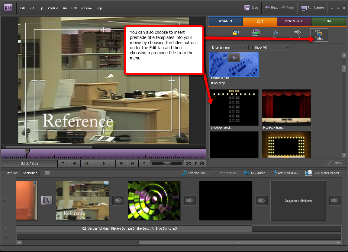 Visual guide to adding titles in Adobe Premiere Elements 7 step 5. 