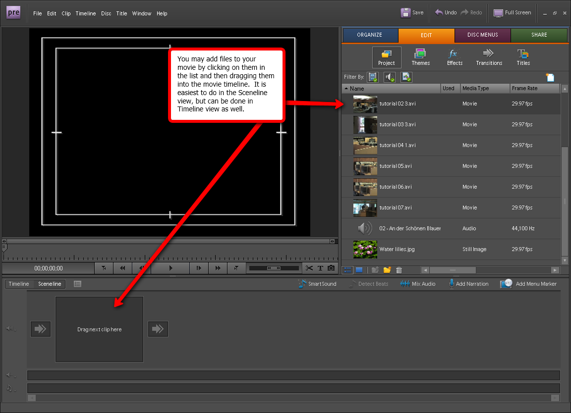 Visual guide on how to add video to your project in Adobe Premiere Elements 7