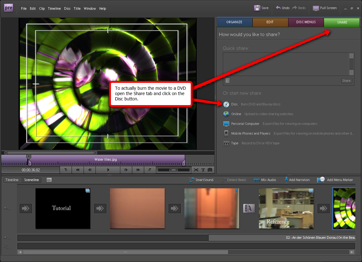 Visual guide to creating a DVD of your movie in Adobe Premiere Elements 7 step 6.