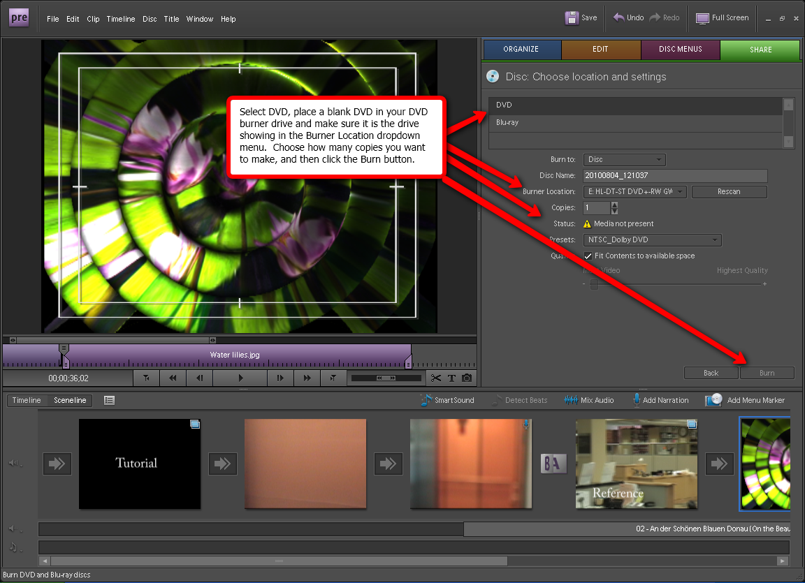 Visual guide to creating a DVD of your movie in Adobe Premiere Elements 7 step 7.