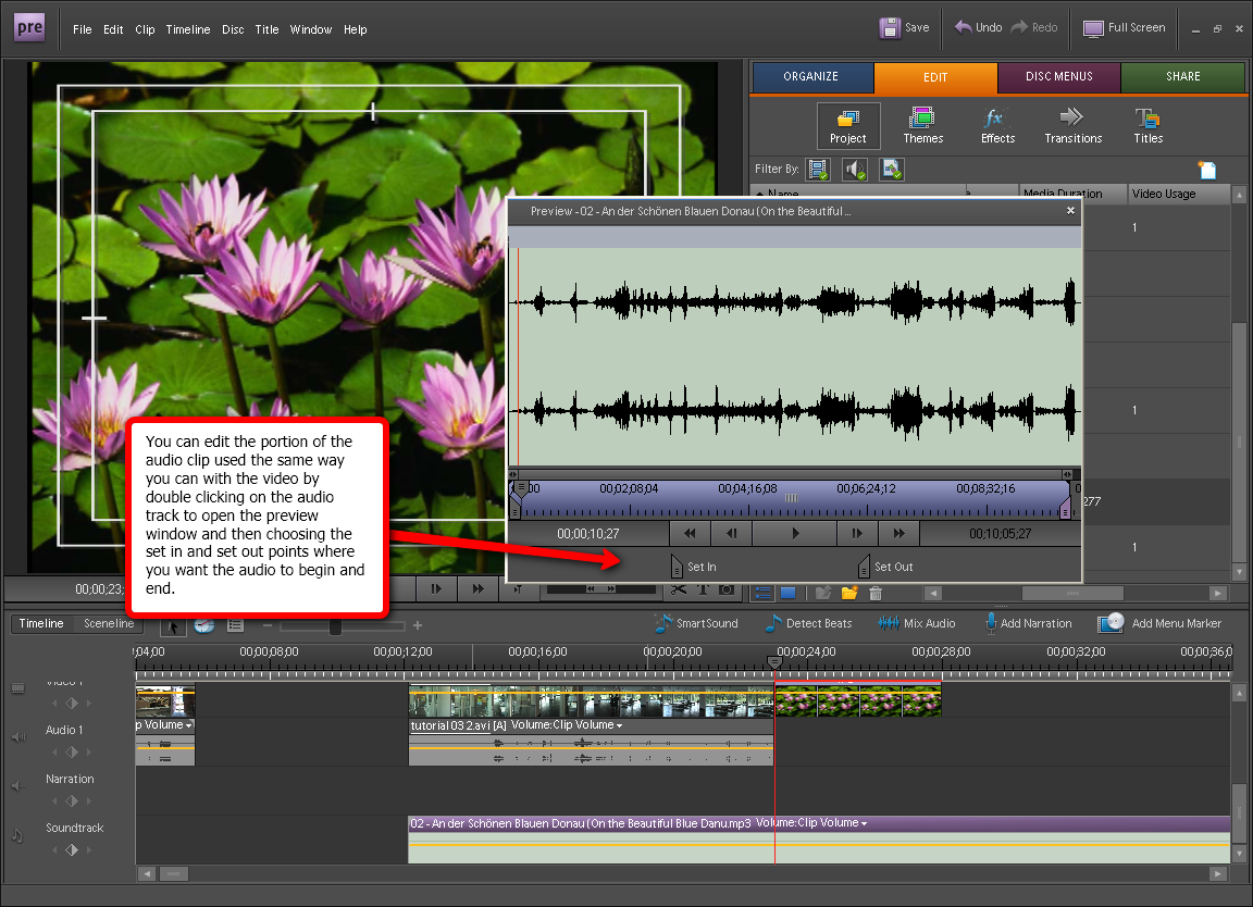 Visual guide on how to edit audio in Adobe Premiere Elements 7 step 2. 
