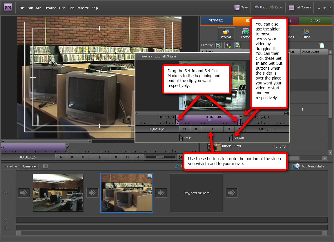 Visual guide on how to edit a video in Adobe Premiere Elements 7 step 2.