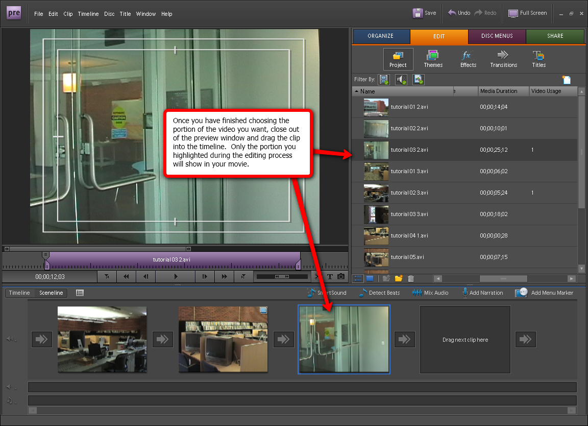 Visual guide on how to edit videos in Adobe Premiere Elements 7 step 3. 