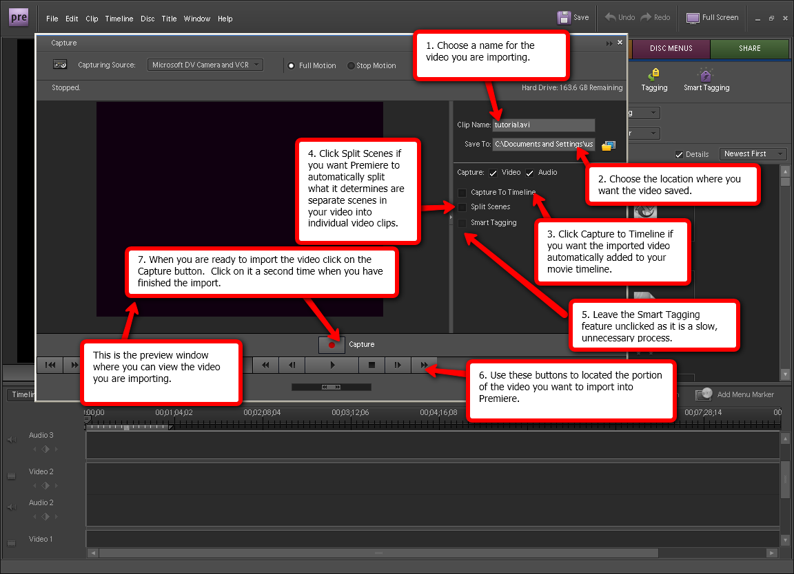 Visual guide on how to import video into Adobe Premiere Elements 7