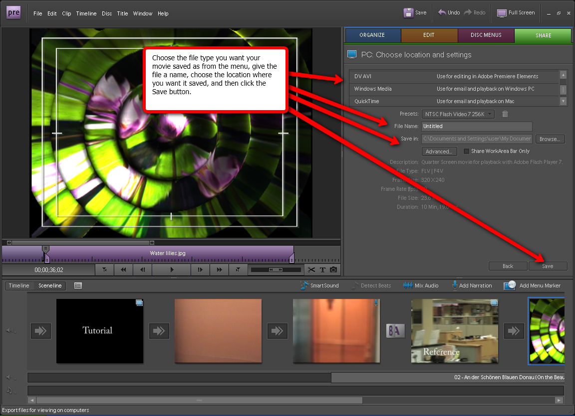 Visual guide to saving your movie in Adobe Premiere Elements 7.
