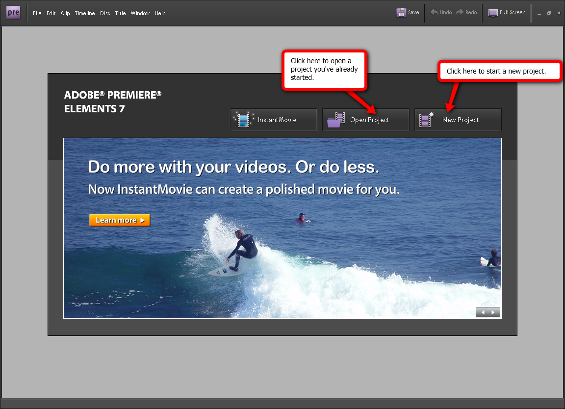 Visual guide on how to open a project in Adobe Premiere Elements 7
