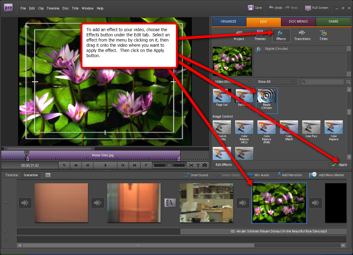Visual guide to adding video effects in Adobe Premiere Elements 7. 