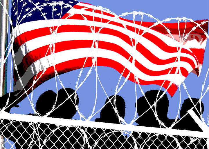 Sihlouettes of five people under the American flag, all standing behind a chickenwire fence topped with barbed wire.